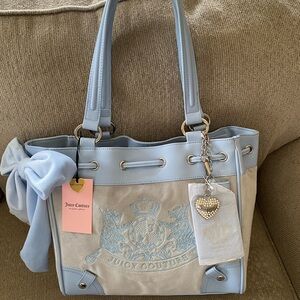 NWT Juicy Couture Classic Scottie Dogs Daydreamer Tote Bag Purse Dove Grey Blue